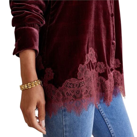 Soft Surroundings Eden Velvet and Lace Blouse in Cabernet Size M - Picture 2 of 9